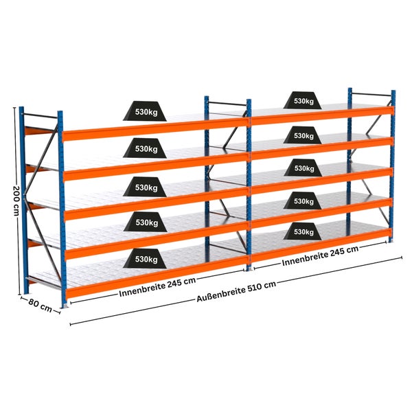 Regal mit vier Ebenen und Gewichtsangaben