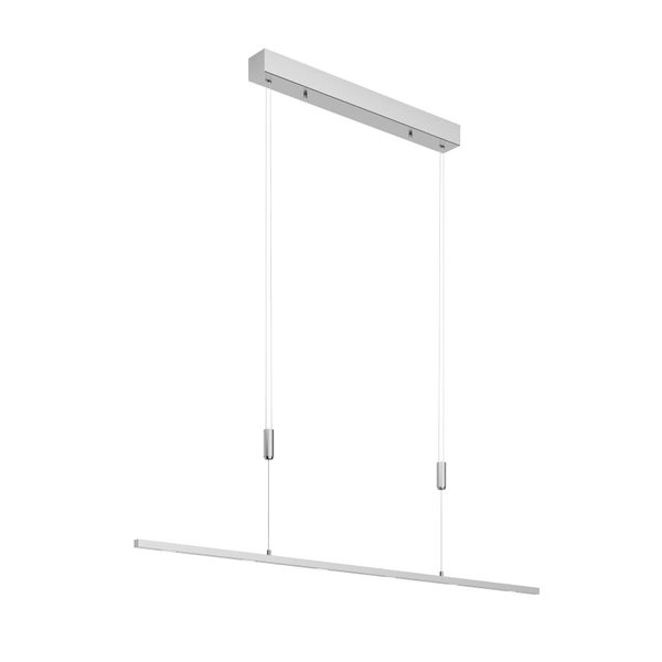 Moderne, höhenverstellbare LED-Pendelleuchte aus Metall mit einem linearen Lichtstab und rechteckigem Deckenbaldachin.