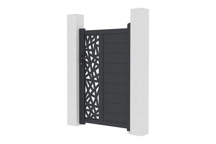 Modernes Gartentor aus Aluminium in Anthrazit mit lasergeschnittenem Muster und horizontalen Lamellen zwischen zwei hellen Pfeilern.