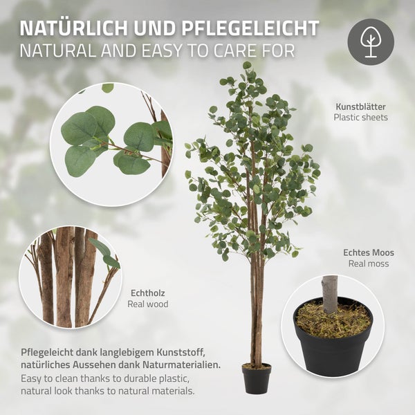 ML-Design Künstliche Eukalyptus 210 cm, Künstliche Pflanzen groß, Kunstpflanze mit Naturholzstamm, Fake Plastikpflanzen im Topf, Deko für Drinnen und Draußen, Kunstbaum wie echt für Wohnzimmer Büro