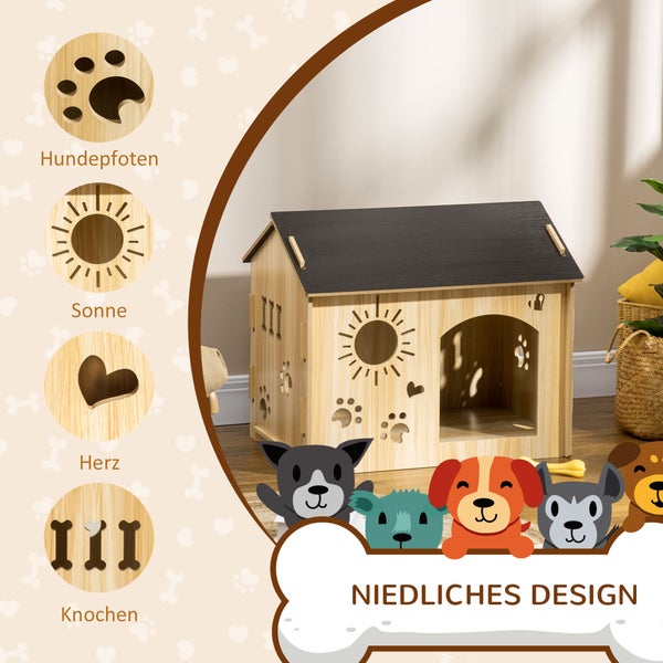 PawHut Hundehütte aus Holz Kleintierhaus mit Lüftungsöffnungen Hundehaus mit Dach Hundehöhle Indoor MDF Eiche+Schwarz 69 x 50 x 58,5 cm