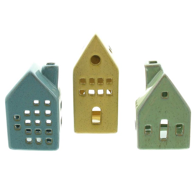 FRANK FLECHTWAREN | Teelichthalter Häuser, 3er Set, PORZELLAN, 6,5 x 6,5 x 10 cm, 6 x 5,5 x 10 cm, 6 x 6 x 13,5 cm