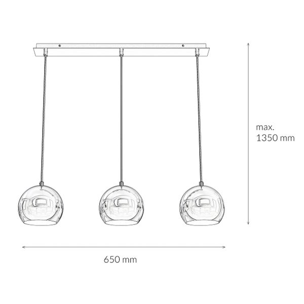 Hängeleuchte mit drei runden Lampenschirmen und Maßangaben
