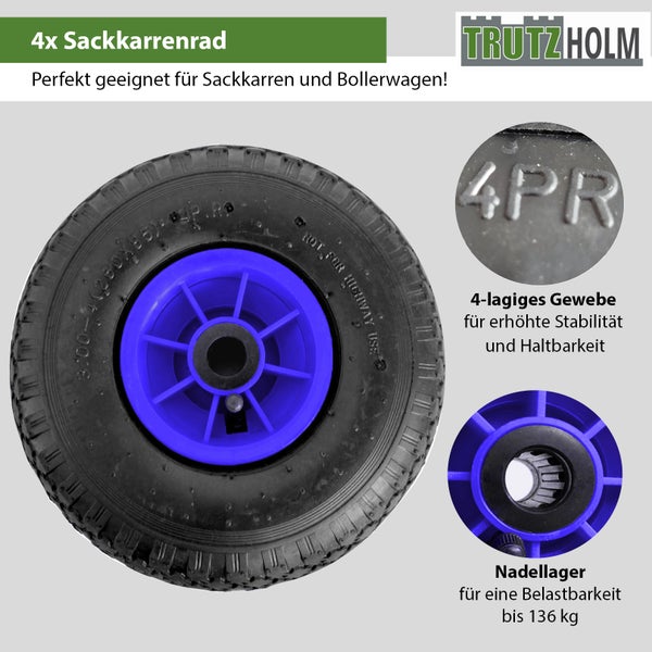 Set aus vier Trutzholm Sackkarrenraedern mit vierlagigem Gewebe und Nadellager fuer eine hohe Belastbarkeit bei Sackkarren und Bollerwagen
