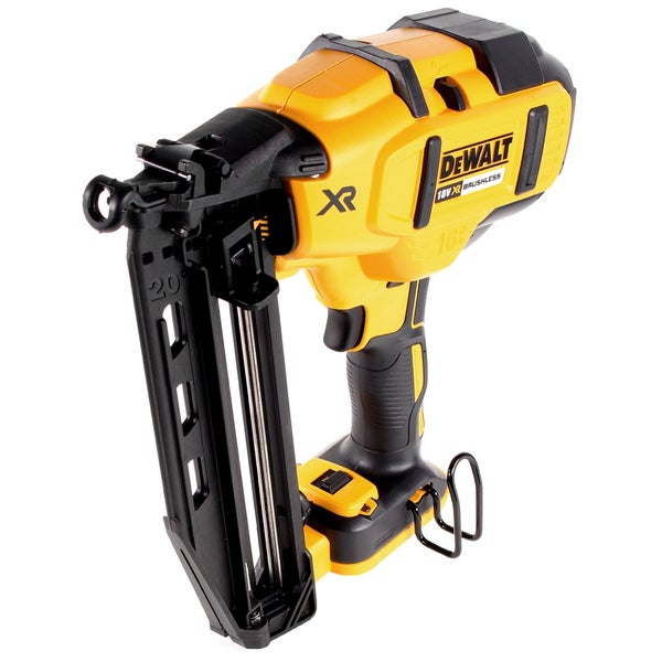 Gelb-schwarzer DeWalt Akku-Nagler 18 Volt XR Brushless mit bürstenlosem Motor und 20 Grad Winkelmagazin.