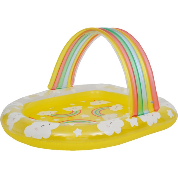 Aufblasbares Planschbecken für Kinder mit integriertem Regenbogen Sonnenschutz und Wolkenmotiv.
