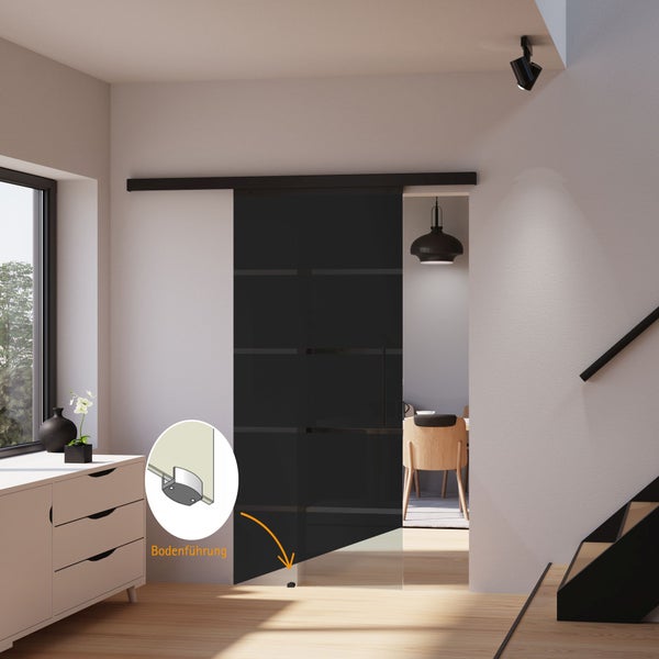 Tür Schiebetür Komplettset Glas schwarz satiniert 900x2035 Zimmertür Glasschiebetür Glastür -  Stabgriff