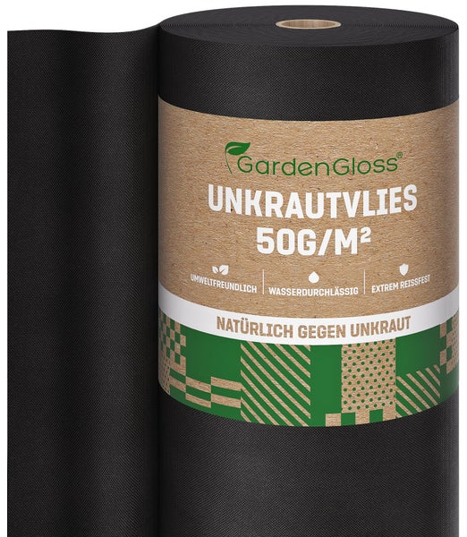 GardenGloss® 100m2 Unkrautvlies Gartenvlies gegen Unkraut – Unkrautfolie Wasserdurchlässig – Reißfestes Unkrautflies 50g/m2 – Hohe UV-Stabilisierung (100m x 1m, 1 Rolle)