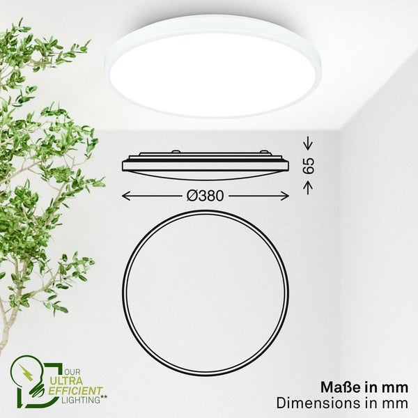 Runde Deckenleuchte mit Maßangaben und Symbol für hohe Energieeffizienz