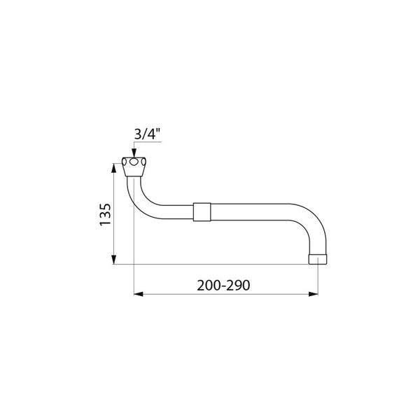 Maßzeichnung eines S-Auslaufs für Armaturen mit einer Höhe von 135 Millimetern, einer Ausladung von 200 bis 290 Millimetern und 3/4 Zoll Anschluss.