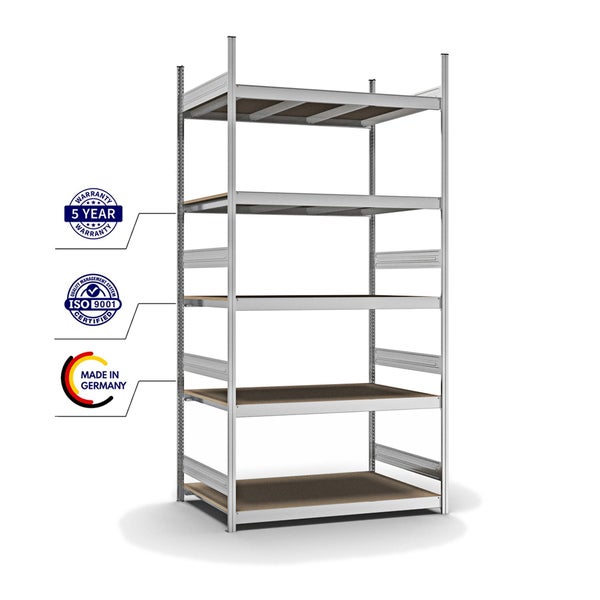 PROREGAL Weitspannregal Stecksystem T-Profil Grundregal HxBxT 300x150x80 cm 5 Ebenen Spanplatten Fachboden Fachlast 350 kg Verzinkt
