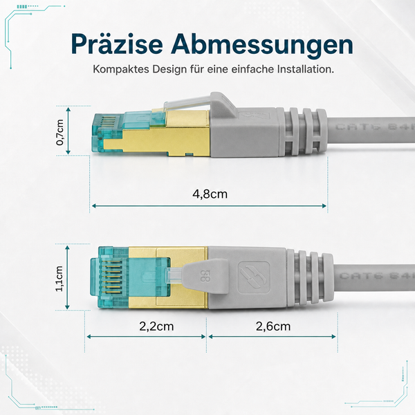 Abmessungen Netzwerkkabelstecker: Höhe 0,7 Zentimeter, Gesamtlänge 4,8 Zentimeter, Breite 1,1 Zentimeter, Stecker 2,2 Zentimeter, Tülle 2,6 Zentimeter.