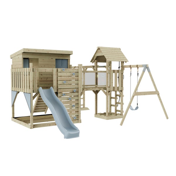 Spielplatz mit Spielhaus, Rutsche, Kletterwand und Schaukel