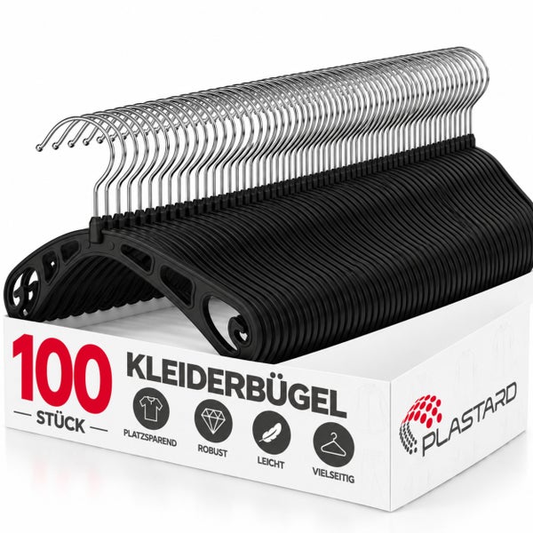 Set mit 100 Kunststoff Kleiderbügeln von Plastard mit Metallhaken, platzsparend und robust für die Garderobe.