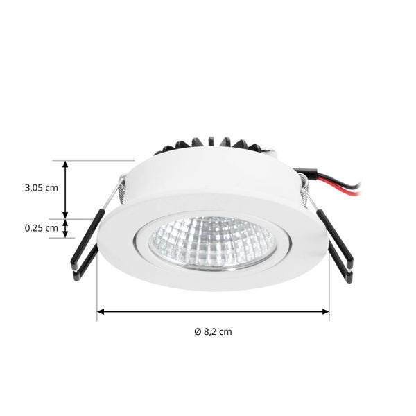 LED-Einbaustrahler mit Maßen: Einbautiefe 3,05 Zentimeter, Randhöhe 0,25 Zentimeter, Durchmesser 8,2 Zentimeter.