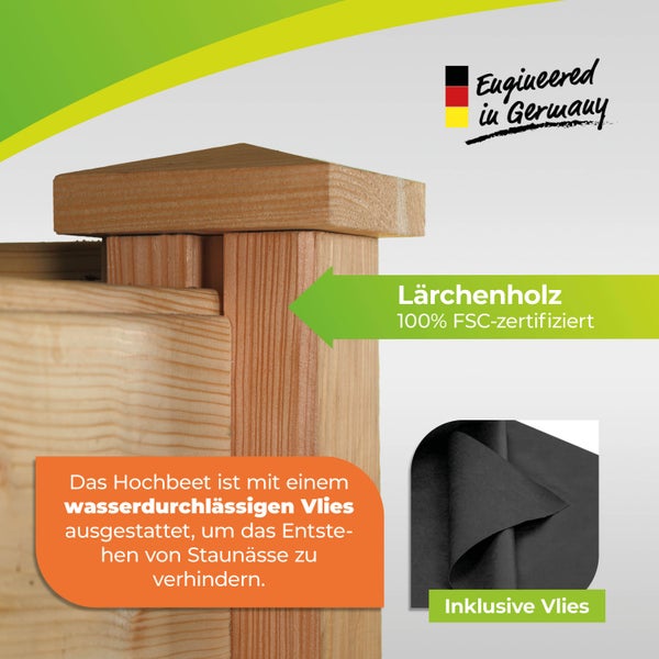 Detail eines Hochbeets aus 100 Prozent FSC-zertifiziertem Lärchenholz inklusive wasserdurchlässigem Vlies. Engineered in Germany.