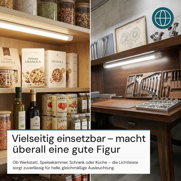 Vielseitige LED Lichtleiste in Speisekammer und Werkstatt zur hellen, gleichmäßigen Ausleuchtung von Regalen und Arbeitsflächen.