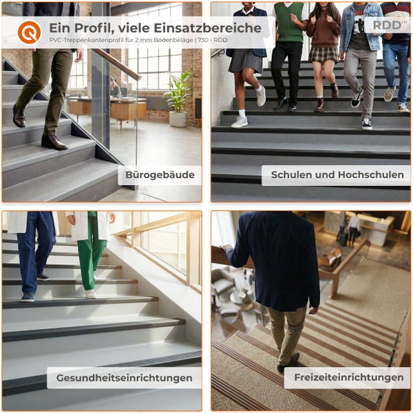 Collage mit Anwendungsbeispielen für PVC-Treppenkantenprofile für 2 Millimeter Bodenbeläge in Bürogebäuden, Schulen, Kliniken und Freizeiteinrichtungen.