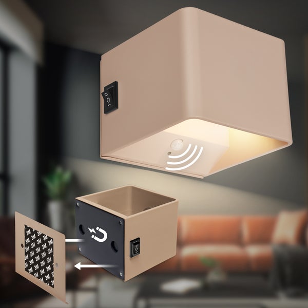 Würfelförmige LED Wandleuchte mit Bewegungsmelder, Magnethalterung und Klebestreifen.