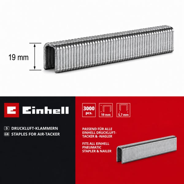 Einhell Druckluft Klammern mit 19 Millimeter Schenkellänge, 3000 Stück, geeignet für alle Einhell Drucklufttacker und Druckluftnagler.