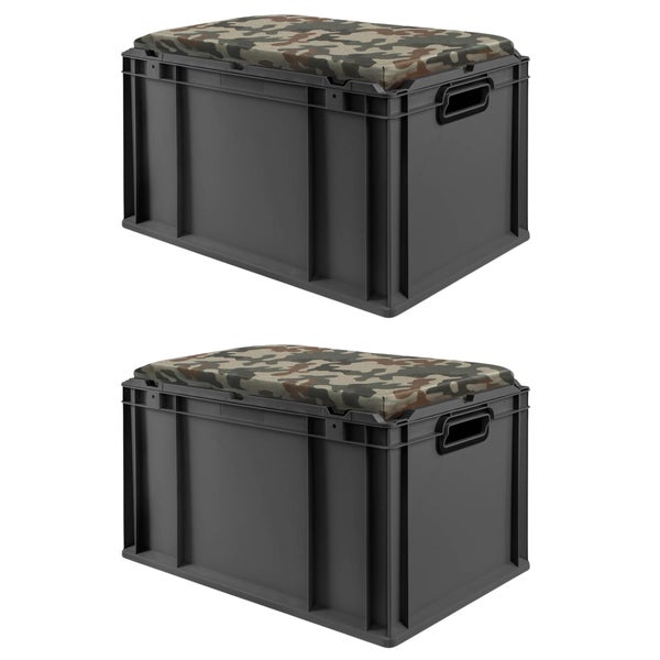 Zwei graue Aufbewahrungsboxen mit gepolsterten Auflagen im Tarnmuster