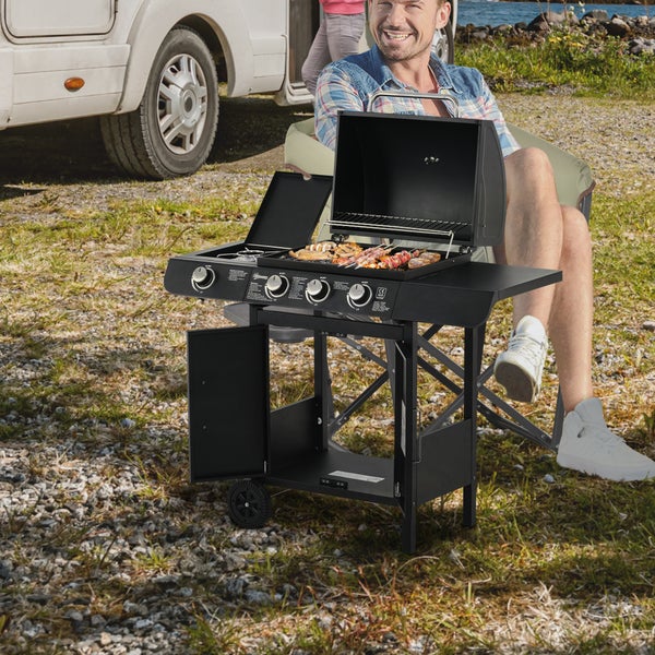 Outsunny Gasgrill, BBQ Grillwagen, mit 3 Brennern, 1 Seitenbrenner, 110 x 50 x 100 cm, DruckmindererStahl, Schwarz
