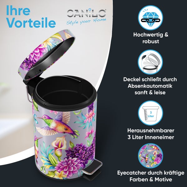 Sanilo Treteimer mit Kolibri- und Blumenmotiv, 3 Liter Fassungsvermögen, Absenkautomatik, herausnehmbarer Inneneimer, hochwertig und robust.
