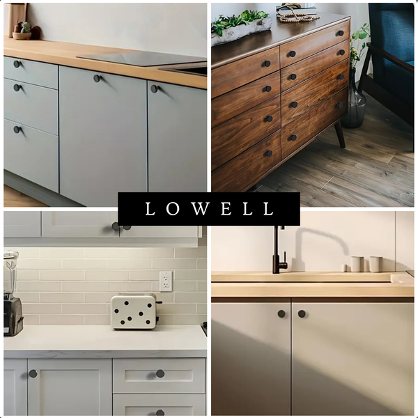 Collage von Küchendetails und Kommode mit Möbelknöpfen