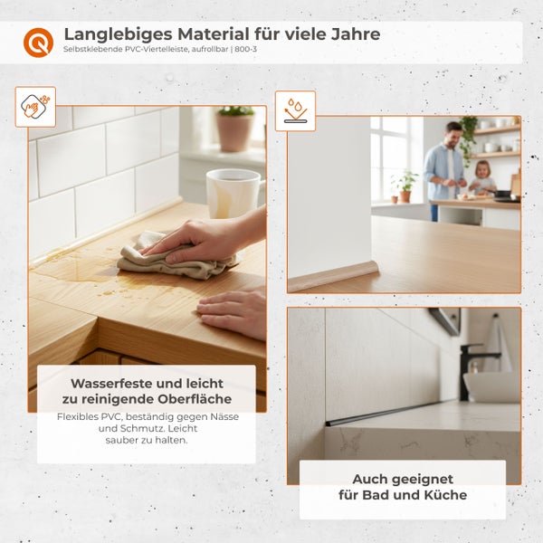 Blick auf einen Bodenbelag in Holzoptik mit weißer Fußleiste in einem modern eingerichteten Wohnbereich, ein Kind spielt im Hintergrund.