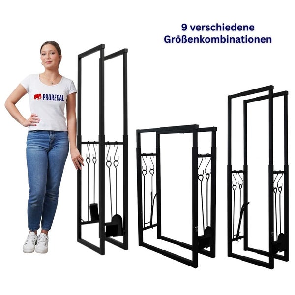 Verschiedene Kamingarnituren mit Kaminbesteck und Holzlege