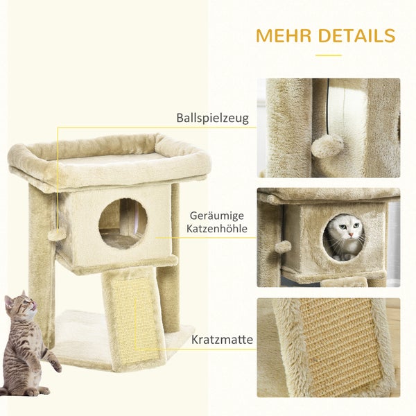 PawHut Kratzbaum 57 cm Kleiner Katzenbaum mit Katzenhöhle, Liegeplattform, Katzenkratzbaum mit Kratzbrett, Spielball, Katzenmöbel für Katzen bis 5 kg, Kaffee