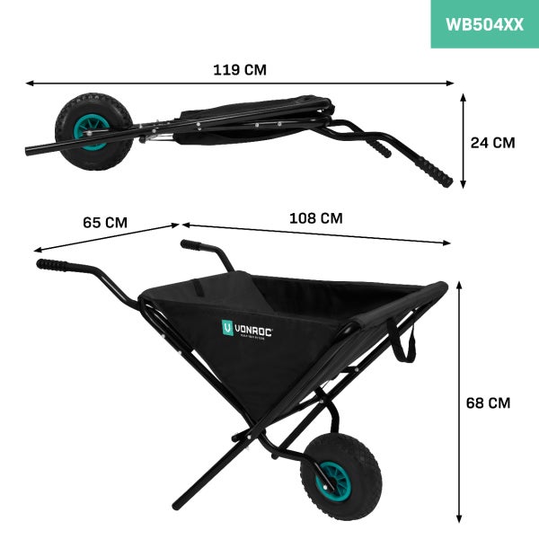 VONROC Schubkarre 50 Liter - Schubkarren faltbar mit Vollgummireifen - Ideal als Gartenwagen und Transportkarre - Bis 30kg Belastbarkeit