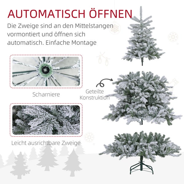 HOMCOM Künstlicher Weihnachtsbaum, 180 cm Christbaum mit 1321 Spitzen, Kunstschnee, klappbar Metallständer, für Weihnachten Deko, Grün