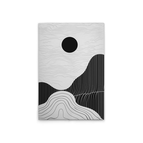 Abstraktes Wandbild mit grafischem Bergmotiv und schwarzem Kreis