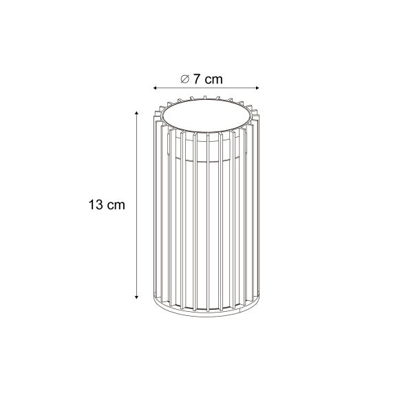 Skizze einer zylindrischen Außenleuchte mit Lamellen, Höhe 13 Zentimeter und Durchmesser 7 Zentimeter.