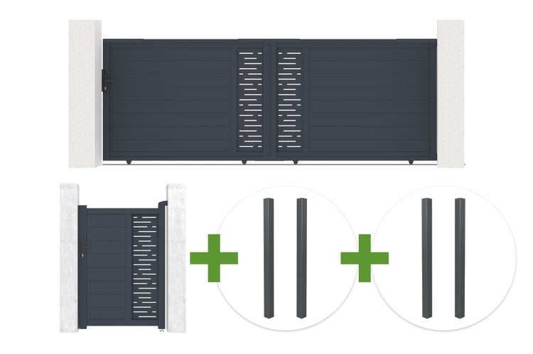 Set aus Schiebetor, Gartentür und vier Pfosten, anthrazit, horizontales Design mit lasergeschnittenem Dekorelement.