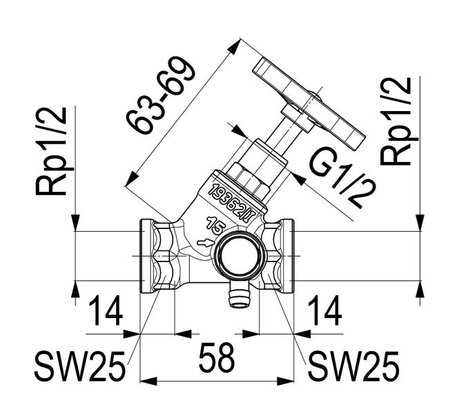 Technische Zeichnung eines Ventils mit Maßangaben: Anschlüsse Rp 1/2, Gesamtbreite 58 Millimeter, Höhe 63 bis 69 Millimeter.