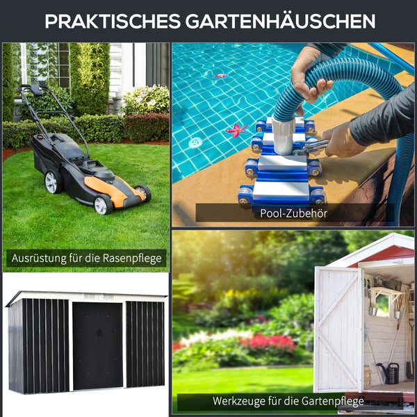 Outsunny Gerätehaus, Gartenhaus mit Schiebetür, Lüftungsfenster, Pultdach, Outdoor, 280 x 130 x 172 cm, Stahl, Dunkelgrau