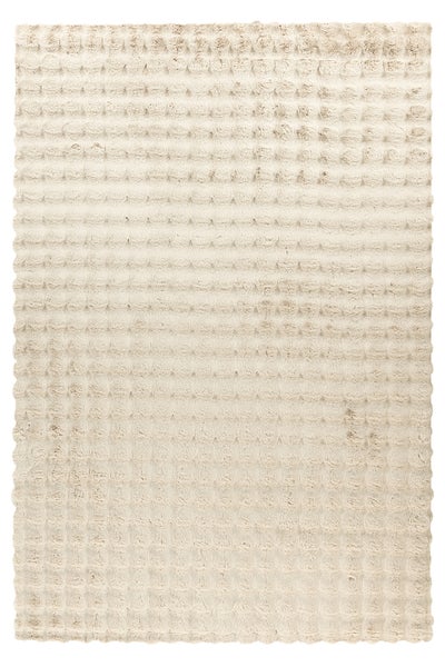 Hochflor-Teppich mit 3D-Waffelmuster aus weichem Material in Beige.