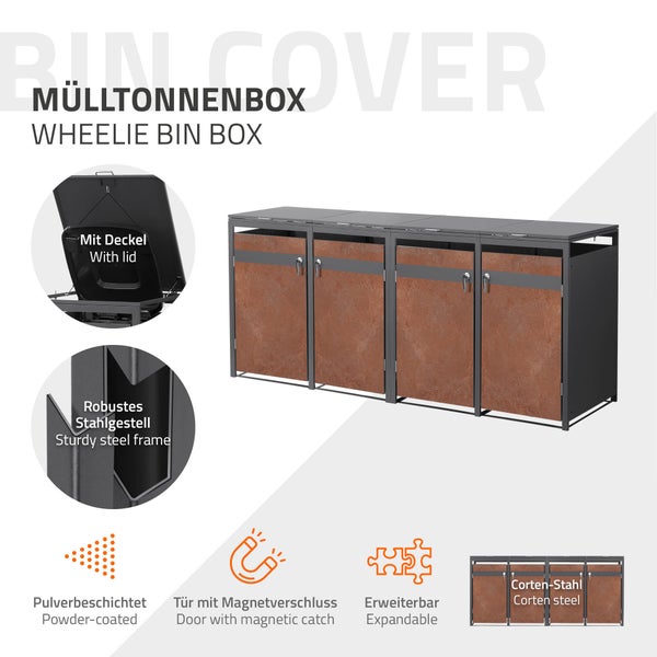 Mülltonnenbox für 4 Tonnen, robustes Stahlgestell, pulverbeschichtet, Türen in Corten-Stahl-Optik, mit Deckel und Magnetverschluss, erweiterbar.