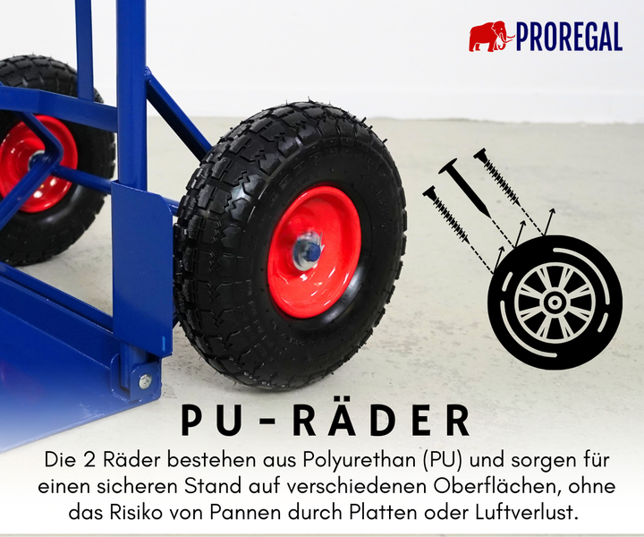 ProRegal Logo. Nahaufnahme der pannenfreien Polyurethan-Räder einer Sackkarre.