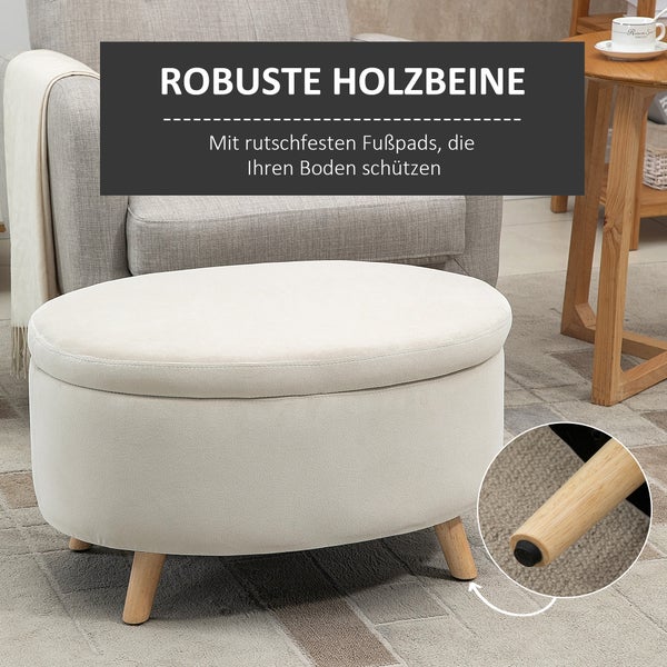 HOMCOM Sitzbank mit Stauraum, Oval Polsterbank mit Deckel, Bettbank mit Samtoptik, für Flur Schlafzimmer Wohnzimmer, Holzbeine 71 x 51,5 x 42 cm Beige