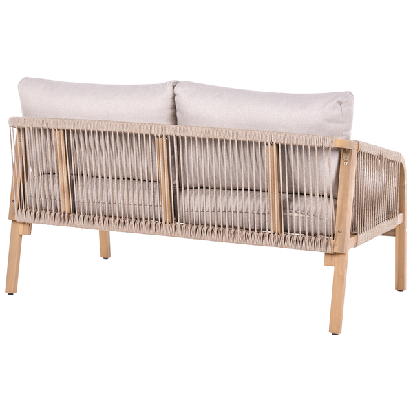 Garten-Zweisitzer-Sofa mit Holzgestell, Seilbespannung an der Rückenlehne und zwei Polstern, Ansicht von hinten.