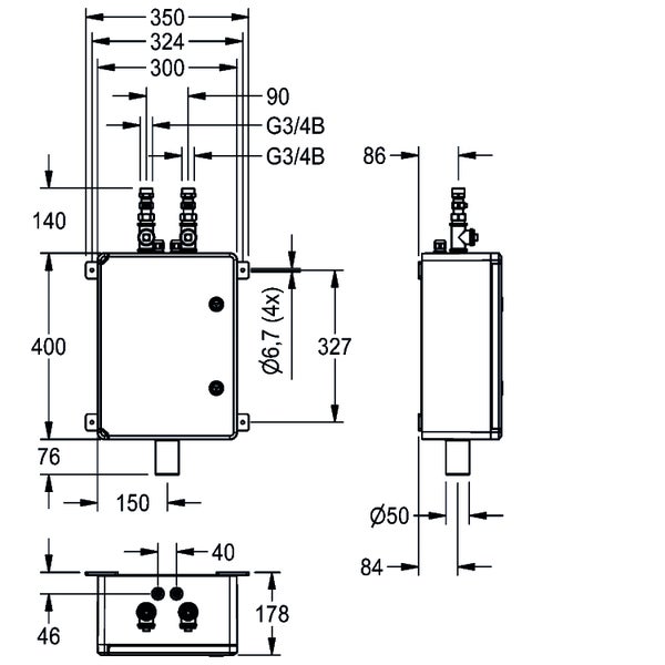 Maßzeichnung eines Gehäuses mit Frontansicht, Seitenansicht und Draufsicht sowie detaillierten Angaben in Millimeter.