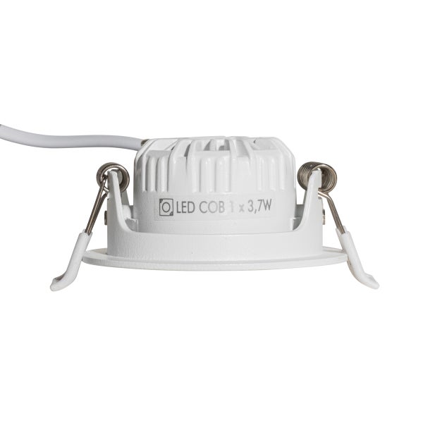 Weißer LED Einbaustrahler mit 3,7 Watt Leistung, flache Bauform mit seitlichen Federklammern zur Montage.