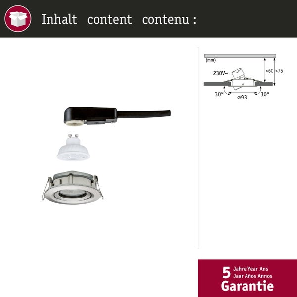 LED-Einbaustrahler-Set mit Leuchtmittel, Gehäuse, Anschlussbox. Skizze mit 93 Millimeter Durchmesser, 230 Volt, 30 Grad schwenkbar, 5 Jahre Garantie.