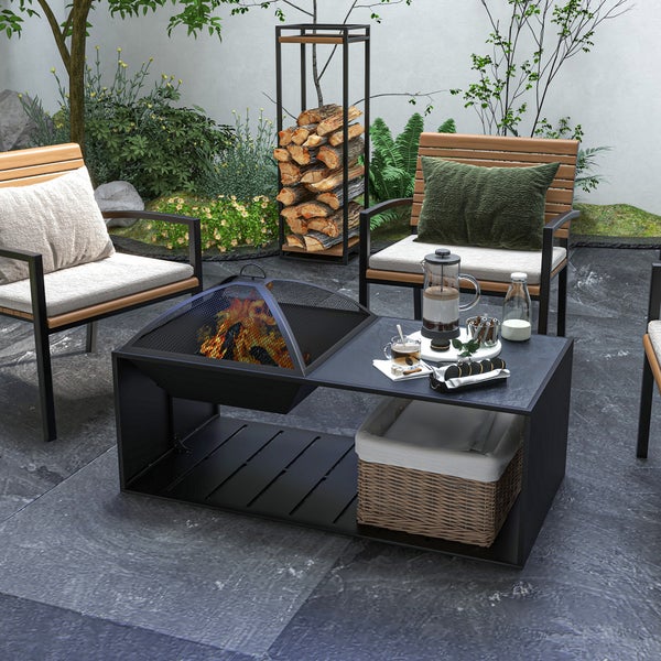 Outsunny Feuerschale, Feuerkorb mit Funkengitter, Feuerstelle mit Schürhaken, Ablage für Garten, Terrasse, Metall, Schwarz