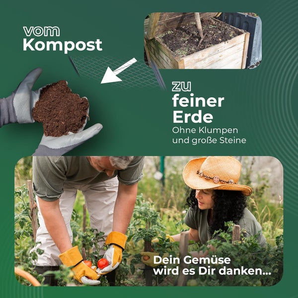 Grafik zum Prozess vom Kompost im Holzbehälter zu feiner Erde in behandschuhten Händen für einen Gemüsegarten mit Tomatenpflanzen.