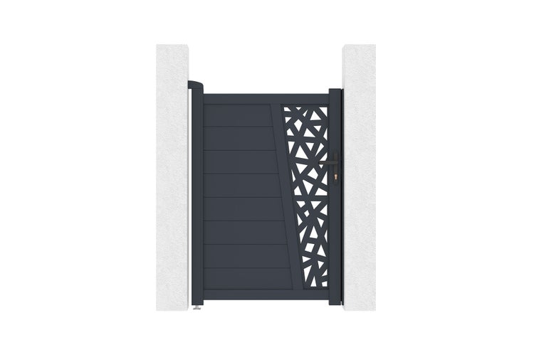 Modernes Gartentor aus Aluminium mit horizontalen Paneelen und dekorativem Ausschnittmuster zwischen zwei Pfosten.