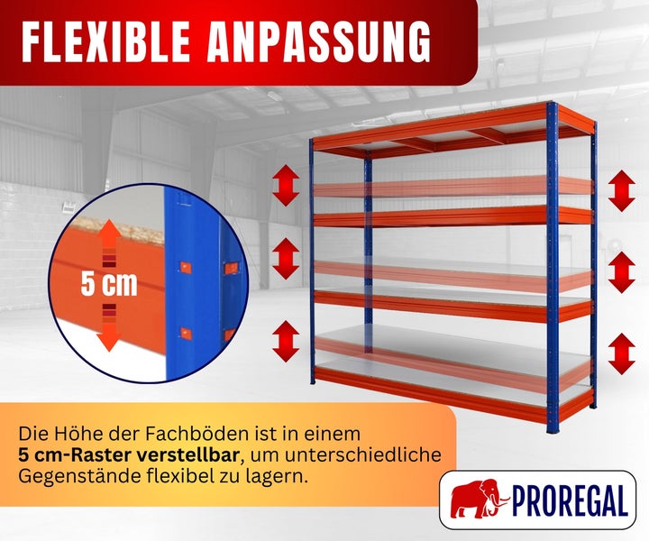 Schwerlastregal mit blauem Gestell und orangefarbenen Traversen, Fachböden in einem 5 Zentimeter Raster höhenverstellbar. Proregal Logo.